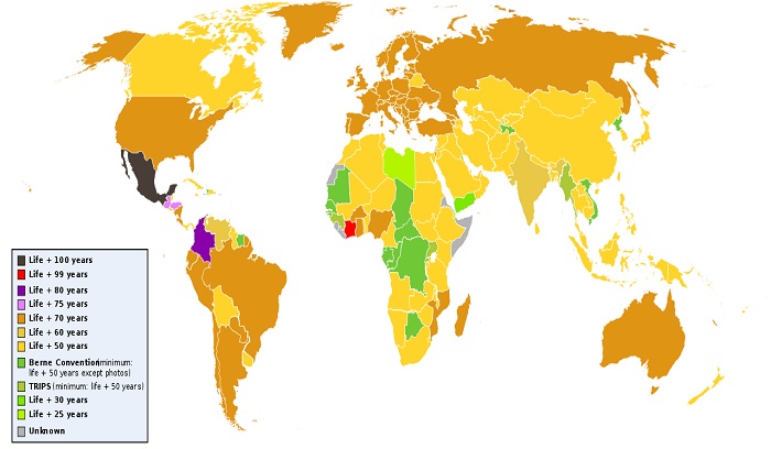 mapa mundial de los plazos de duración de los derechos de autor